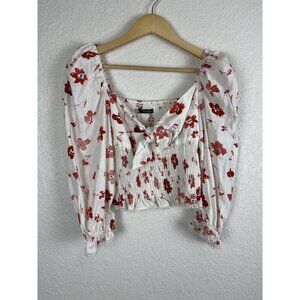 Zara Floral Linen Blend Top Womens Size Small Floral Cropped Boho Peasant‎